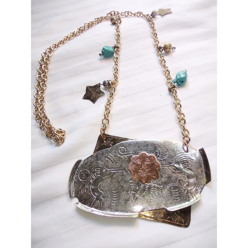 Turquoise Star Charm Statement Necklace Unique Plate‎ Pendant Gold Tone Chain